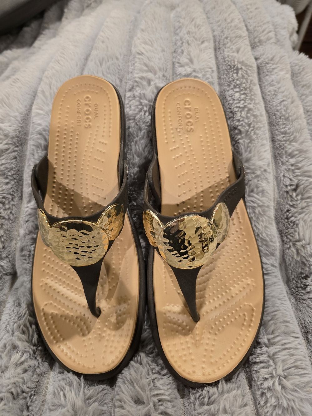 CROCS Metallic Gold Accent Thong Sandals with Tan Footbed